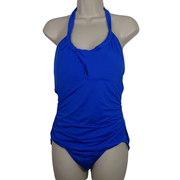Merona Blue Ruched Halter One Piece Swimsuit Women Size M Padded FLAW - Picture 1 of 13